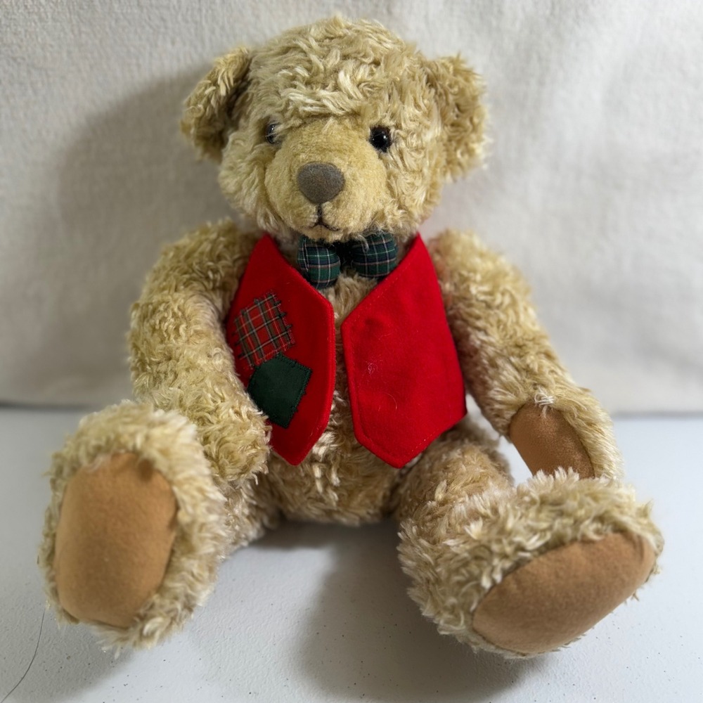 Hallmark Teddy Bear Red Plaid Vest Bowtie Plush Stuffed Animal holiday Toy